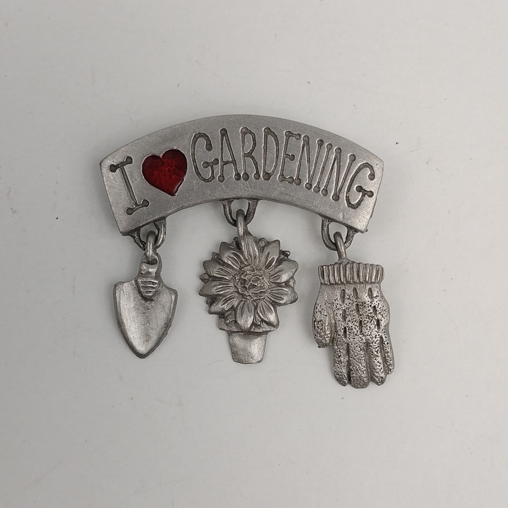 Vintage Spoontiques I Love Gardening Pewter Dangle Charms Brooch